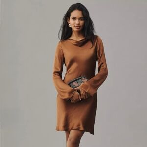 Anthropologie Satin Brown Long Sleeve Dress